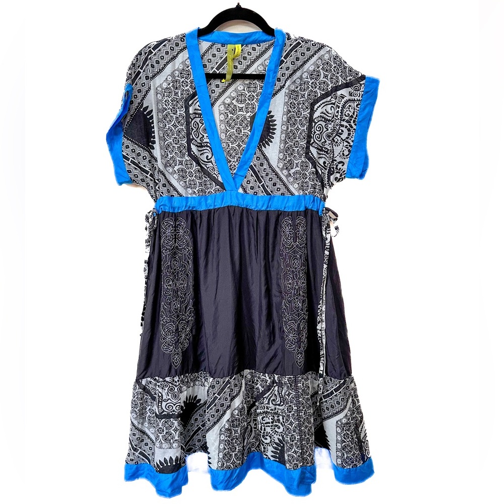 Green Dragon Silk Blend Dress, V neck, Adjustable Empire Waist, Short Sleeve